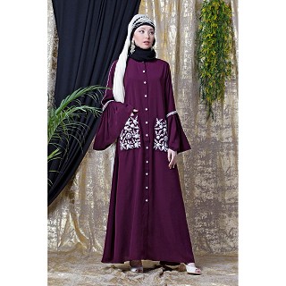 Front open embroidery abaya with Bell sleeves- Purple